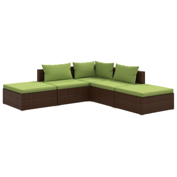 5 pcs conjunto lounge jardim c/ almofadões vime PE castanho M 2