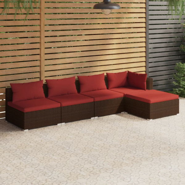 5 pcs conjunto lounge jardim c/ almofadões vime PE castanho D