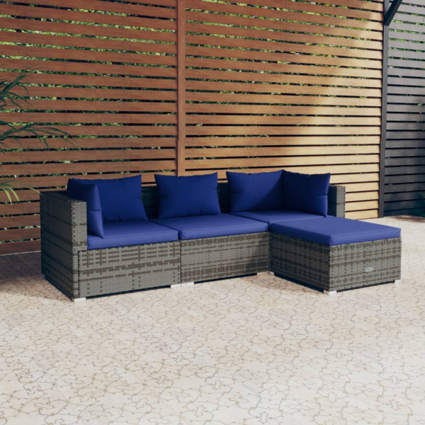 4 pcs conjunto lounge de jardim c/ almofadões vime PE cinzento D