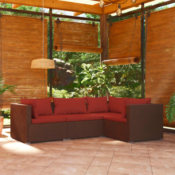 Set muebles de jardín 4 piezas y cojines ratán sintético marrón D