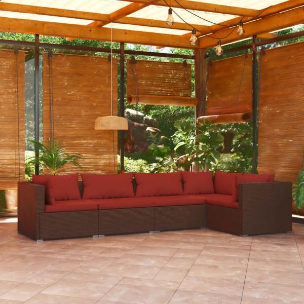 5 pcs conjunto lounge jardim c/ almofadões vime PE castanho D