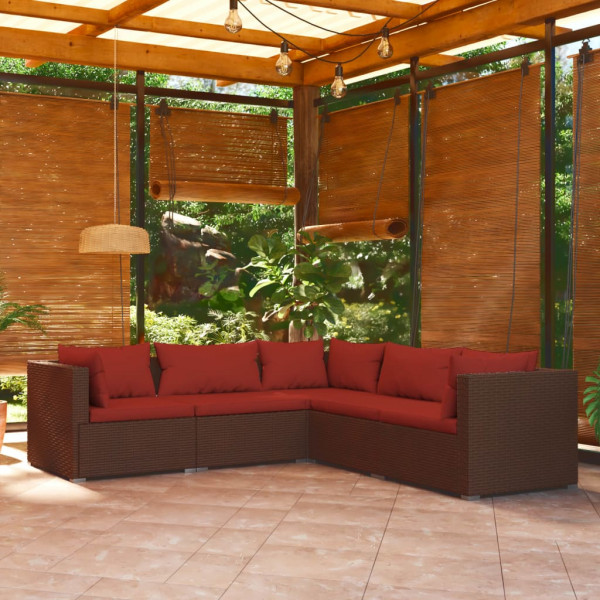 5 pcs conjunto lounge jardim c/ almofadões vime PE castanho D