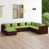 Set muebles de jardín 7 piezas y cojines ratán sintético marrón 1