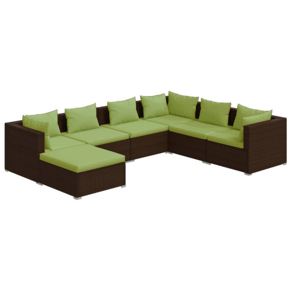 7 pcs conjunto lounge jardim c/ almofadões vime PE castanho M 2