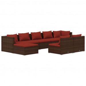 Set muebles de jardín 9 piezas y cojines ratán sintético marrón H