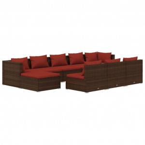 Set muebles de jardín 10 pzas y cojines ratán sintético marrón H
