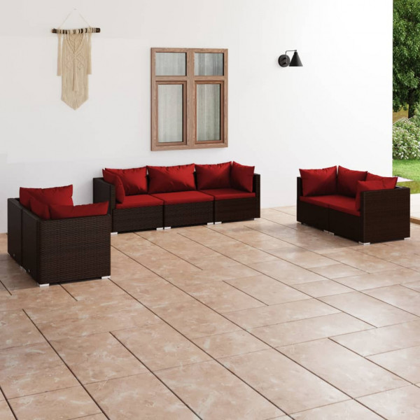 Set muebles de jardín 7 piezas y cojines ratán sintético marrón D