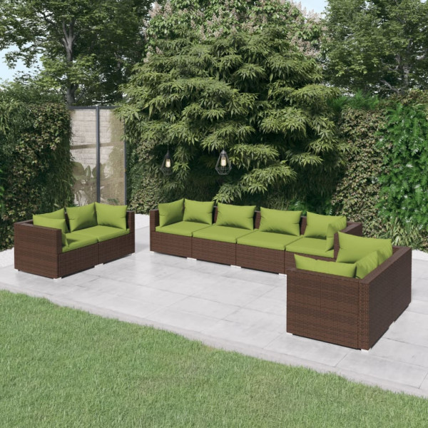 Set muebles de jardín 8 piezas y cojines ratán sintético marrón D