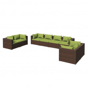 Set muebles de jardín 8 piezas y cojines ratán sintético marrón H
