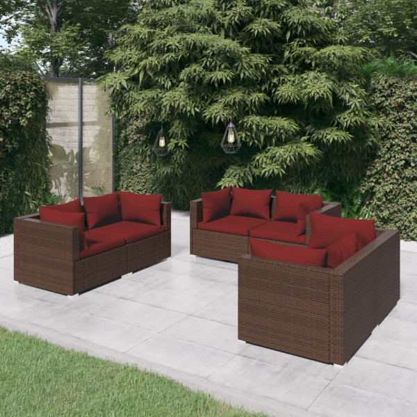 6 pcs conjunto lounge jardim c/ almofadões vime PE castanho D