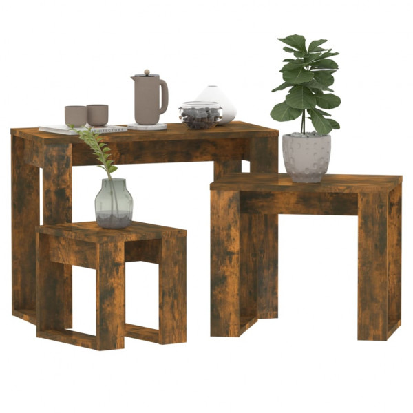 Mesas apilables 3 pzas madera contrachapada color roble ahumado M 4