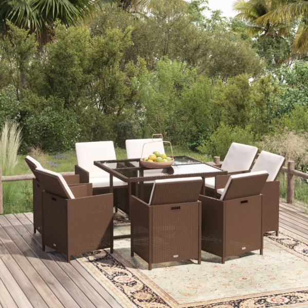 Juego comedor jardín 9 pzas con cojines ratán sintético marrón D