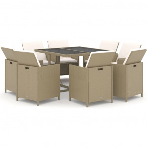 Juego comedor jardín 9 pzas con cojines ratán sintético beige H
