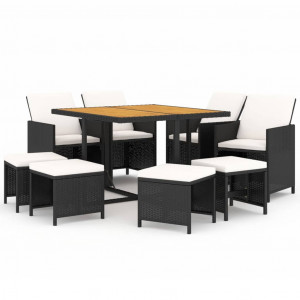 9 pcs conjunto de jantar p/ jardim c/ almofadões vime PE preto H