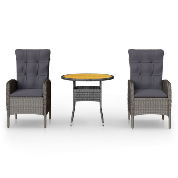 3 pcs conjunto de bistrô para jardim vime PE cinzento M 2