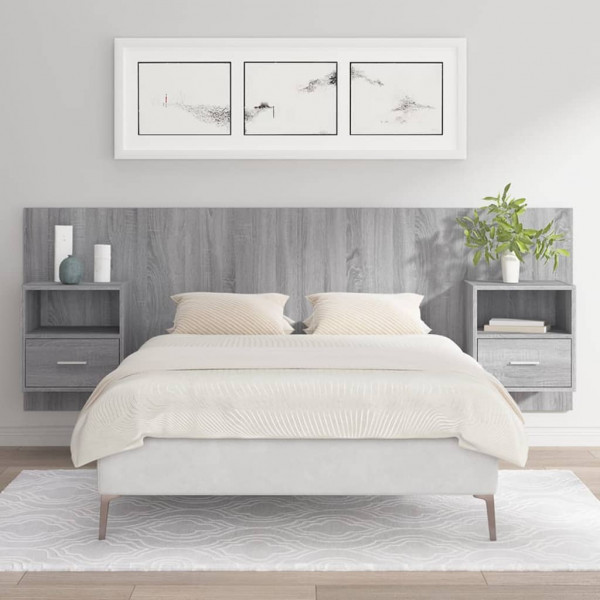 Cabecero de cama con mesitas madera contrachapada gris Sonoma D