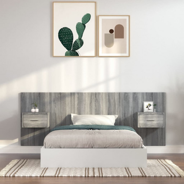 Cabecero de cama con mesitas madera contrachapada gris Sonoma D