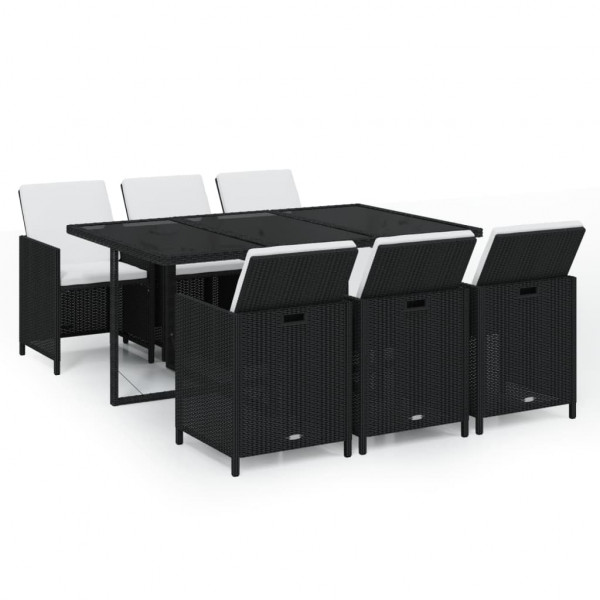 Juego comedor jardín 7 pzas con cojines ratán sintético negro D