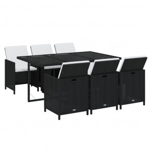 7 pcs conjunto de jantar p/ jardim c/ almofadões vime PE preto H