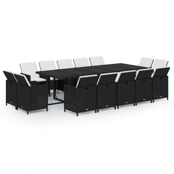 Set comedor de jardín 15 pzas con cojines ratán sintético negro M 2