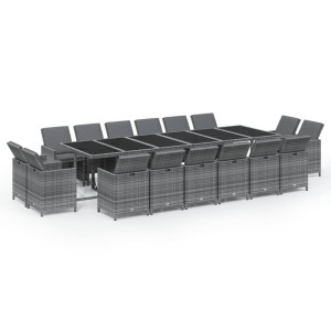 Set de comedor jardín 17 pzas con cojines ratán sintético gris H