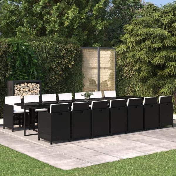 Set comedor de jardín 15 pzas con cojines ratán sintético negro D
