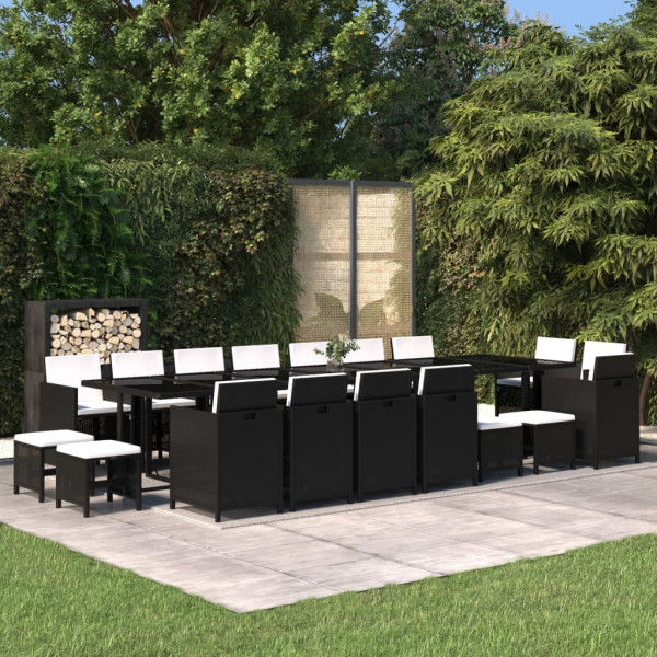 Set comedor de jardín 19 pzas con cojines ratán sintético negro D