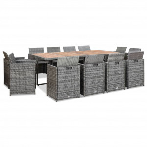 Set comedor de jardín 13 piezas y cojines ratán sintético gris H