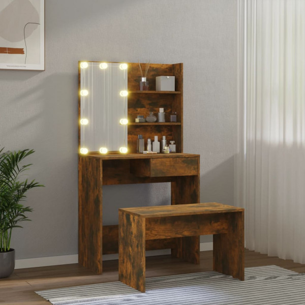 Juego de tocador con LED madera contrachapada roble ahumado M 3