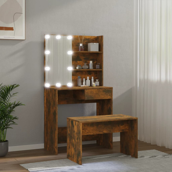 Juego de tocador con LED madera contrachapada roble ahumado M 4