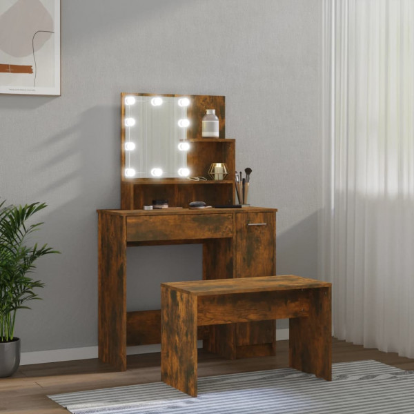 Juego de tocador con LED madera contrachapada roble ahumado M 4