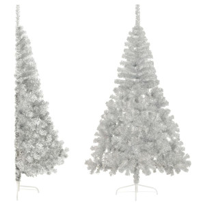 Medio árbol de Navidad artificial con soporte PET plata 180 cm H