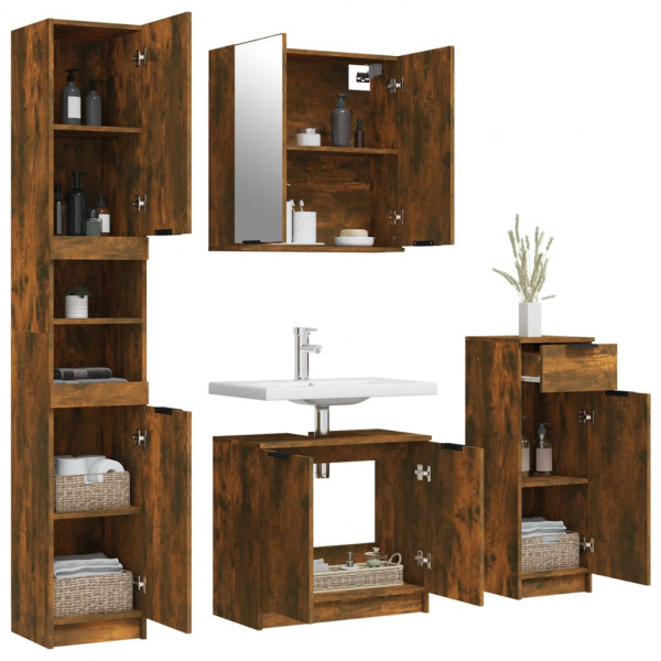 Set de muebles de baño 4 piezas madera contrachapada roble humo M 4