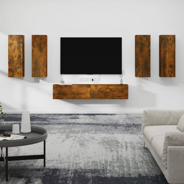 Set de muebles de TV 6 pzas madera contrachapada roble ahumado D