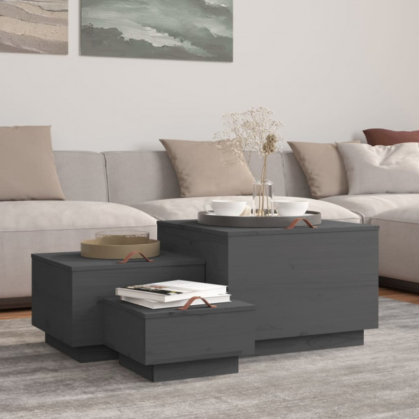 Cajas de almacenaje con tapa 3 pzas madera maciza pino gris D