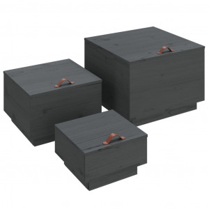 Cajas de almacenaje con tapa 3 pzas madera maciza pino gris H