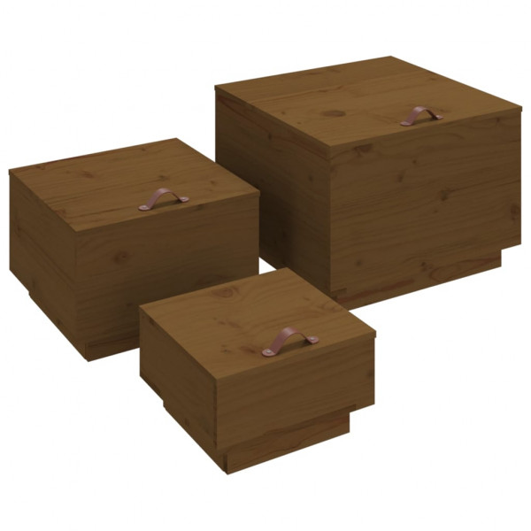 Cajas de almacenaje con tapa 3 pzas madera maciza pino miel M 2