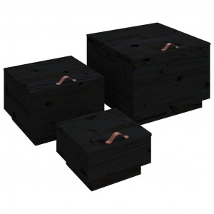 Cajas de almacenaje con tapa 3 pzas madera maciza pino negro H