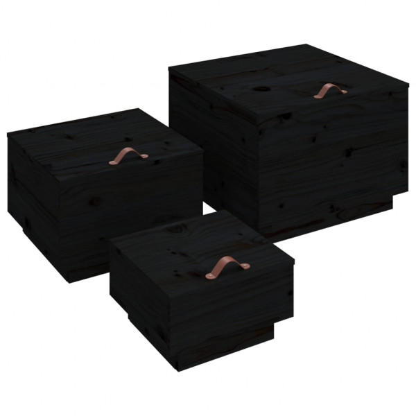 Cajas de almacenaje con tapa 3 pzas madera maciza pino negro M 2