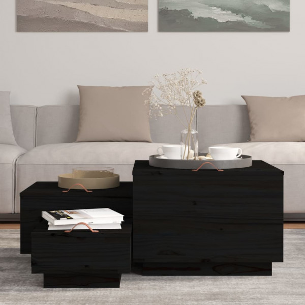 Caixas de arrumação com tampas 3 pcs pinho maciço preto M 3