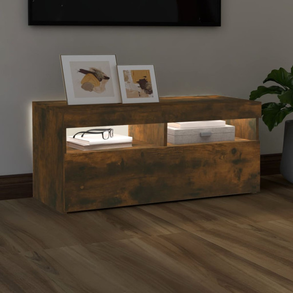 Mueble de TV con luces LED roble ahumado 90x35x40 cm M 3