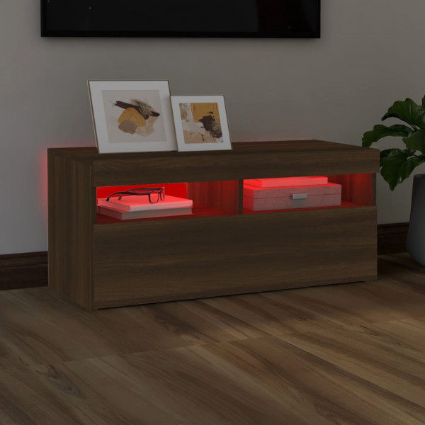 Mueble de TV con luces LED roble marrón 90x35x40 cm M 5