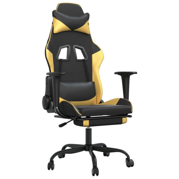 Silla gaming masaje y reposapiés cuero sintético negro dorado M 2