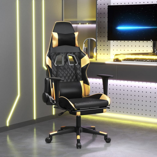 Silla gaming masaje y reposapiés cuero sintético negro dorado D