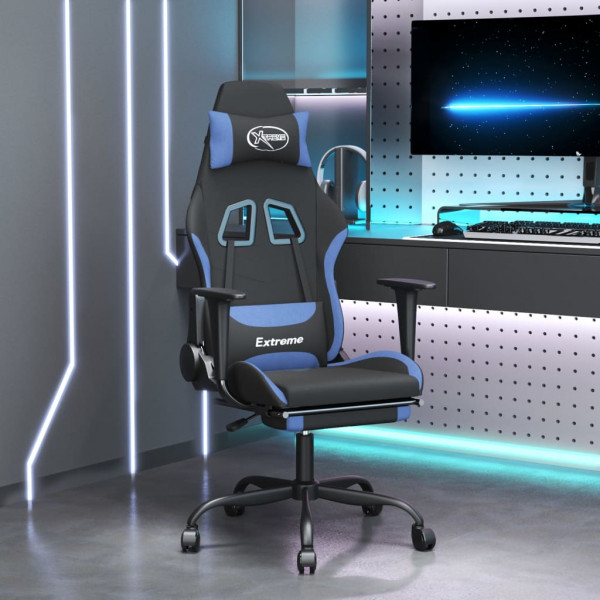 Silla gaming con reposapiés tela negro y azul D