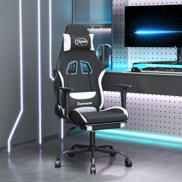 Silla gaming con reposapiés tela negro y blanco D