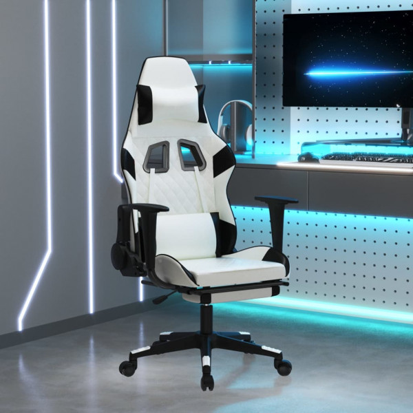 Silla gaming con reposapiés cuero sintético blanco negro D