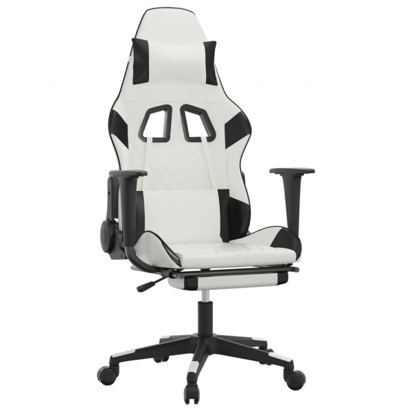 Cadeira gaming massagens c/ apoio pés couro artif. Branco/preto M 2