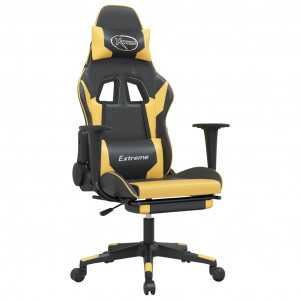 Silla gaming masaje y reposapiés cuero sintético negro dorado H