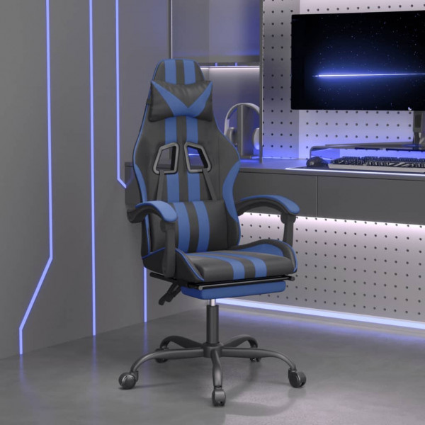 Silla gaming giratoria y reposapiés cuero sintético negro azul D